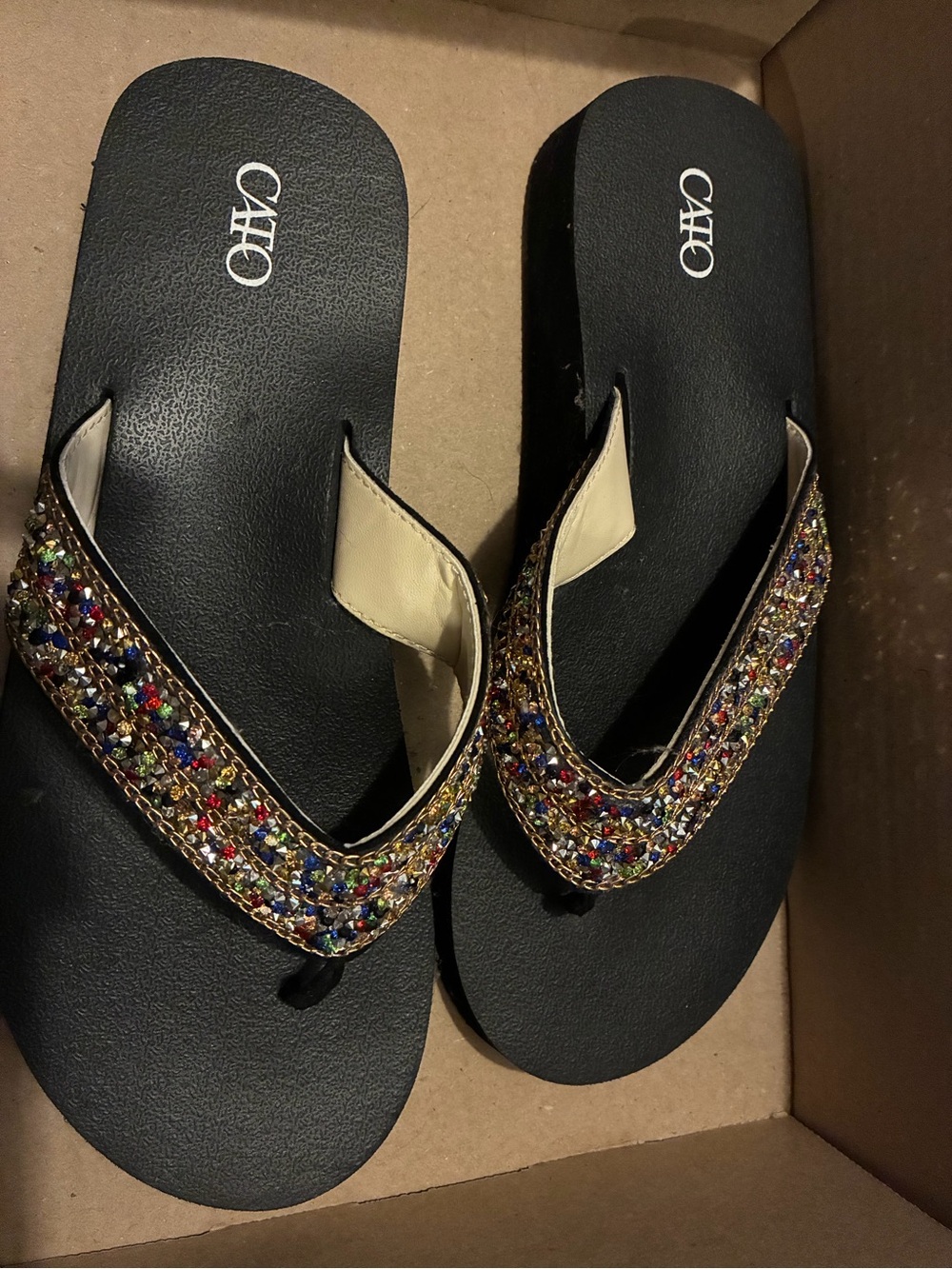 Cato Black Flip Flop Sandals with Multicolor Jeweled Straps